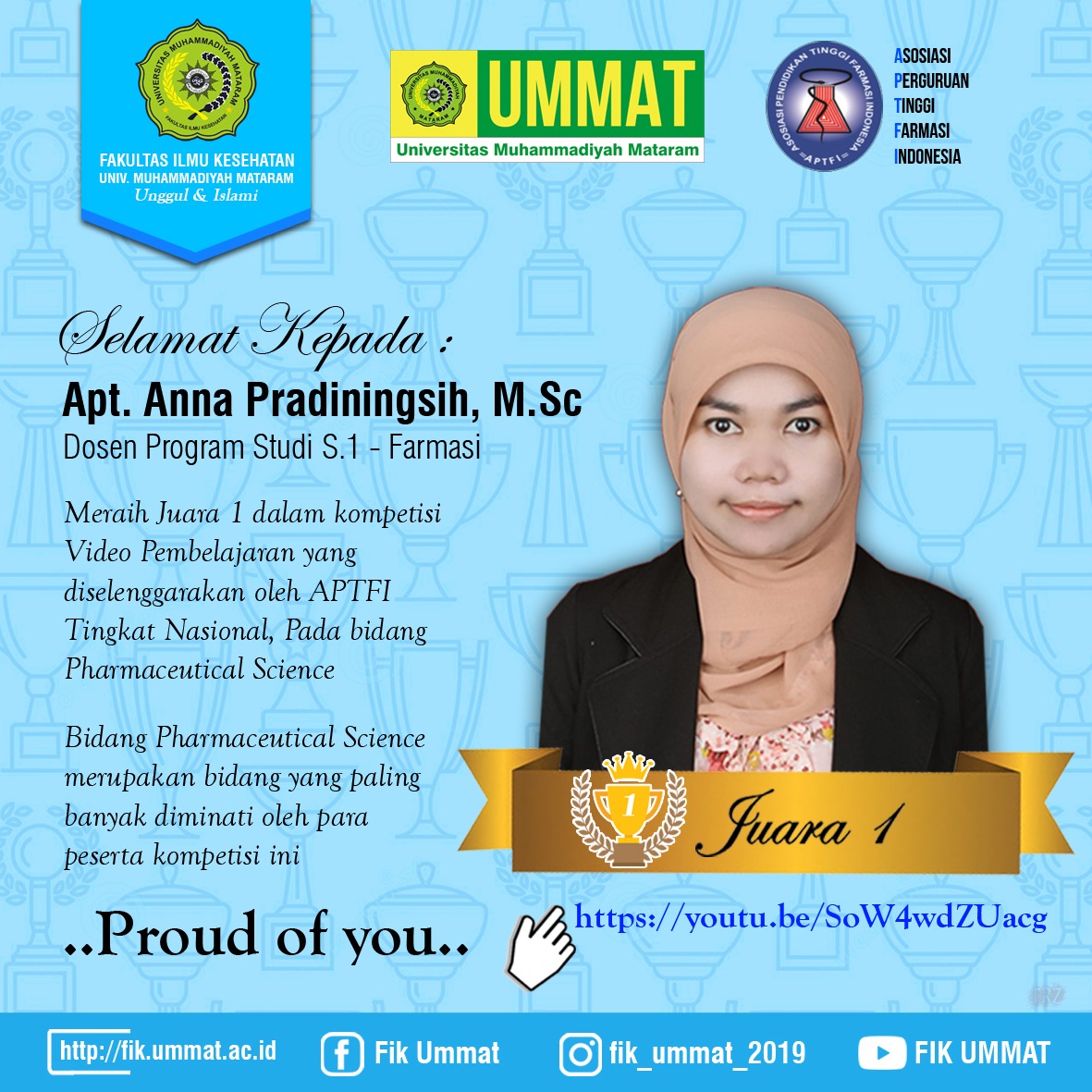 Apt. Anna Pradiningsih, M.Sc meraih Juara 1 Kompetisi Video