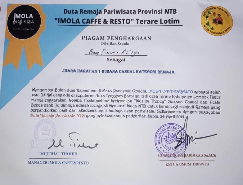 Juara Harapan 1 Busana Casual Kategori Remaja diraih oleh Baiq Farima As’sya