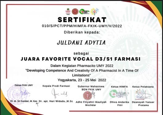 Mahasiswa Prodi S1 Farmasi Menjadi Juara Favorite Vocal Competition