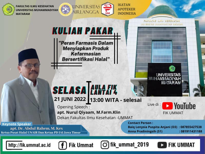 Kuliah Pakar dengan Tema “Peran Farmasis dalam Menyiapkan Produk Bersertifikat Halal” oleh Ketua PD IAI Jawa Timur