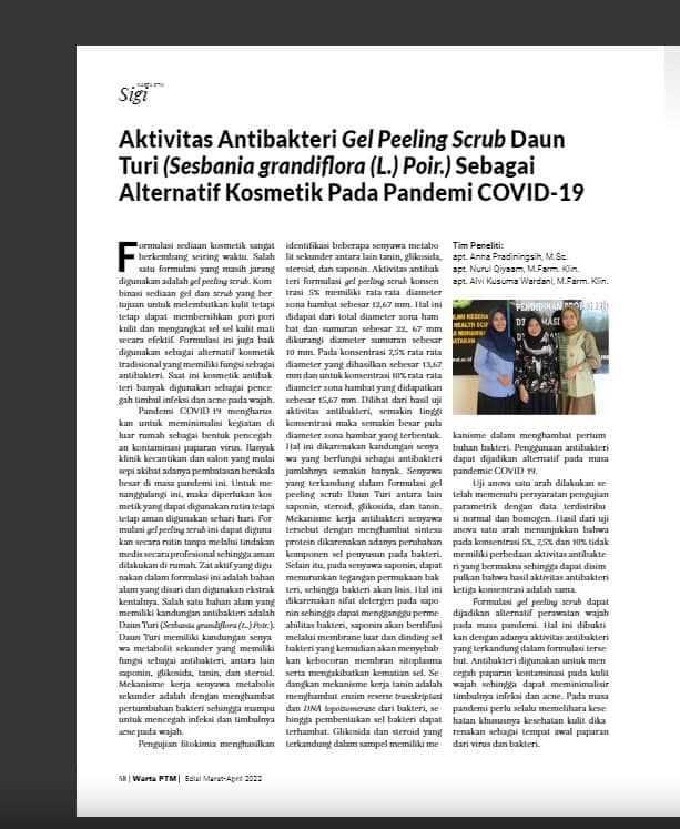 Artikel dari Tim peneliti Program Studi Farmasi Fakultas Ilmu Kesehatan Universitas Muhammadiyah Mataram Terbit pada Majalah Warta PTM